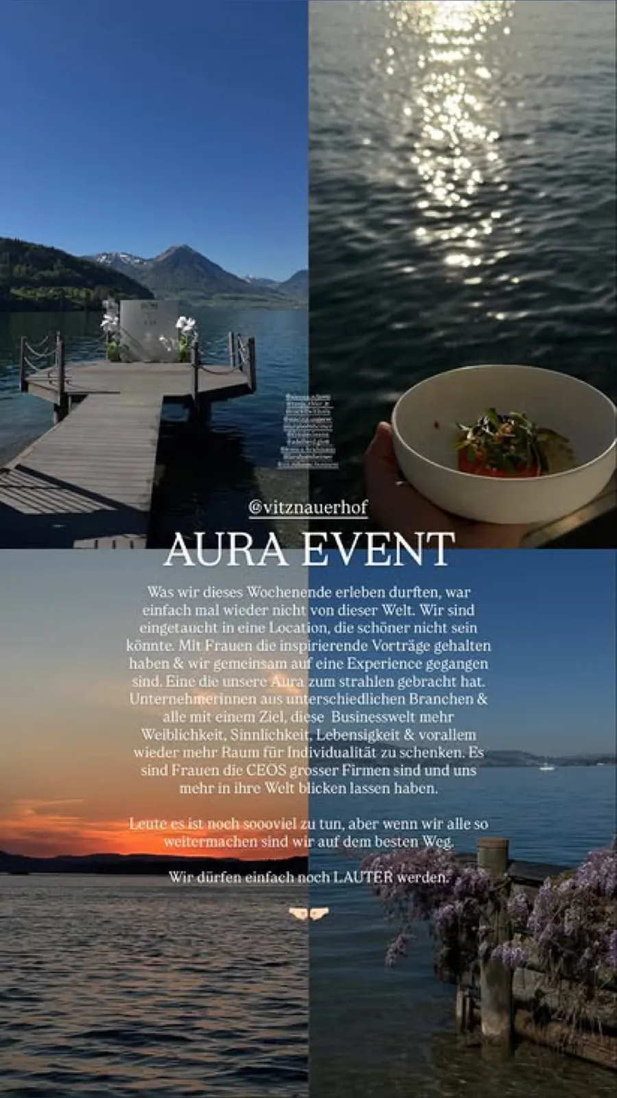 Instagram-Story einer Teilnehmerin: Collage aus Steg, See, Abendessen und Sonnenuntergang mit dem Titel AURA EVENT